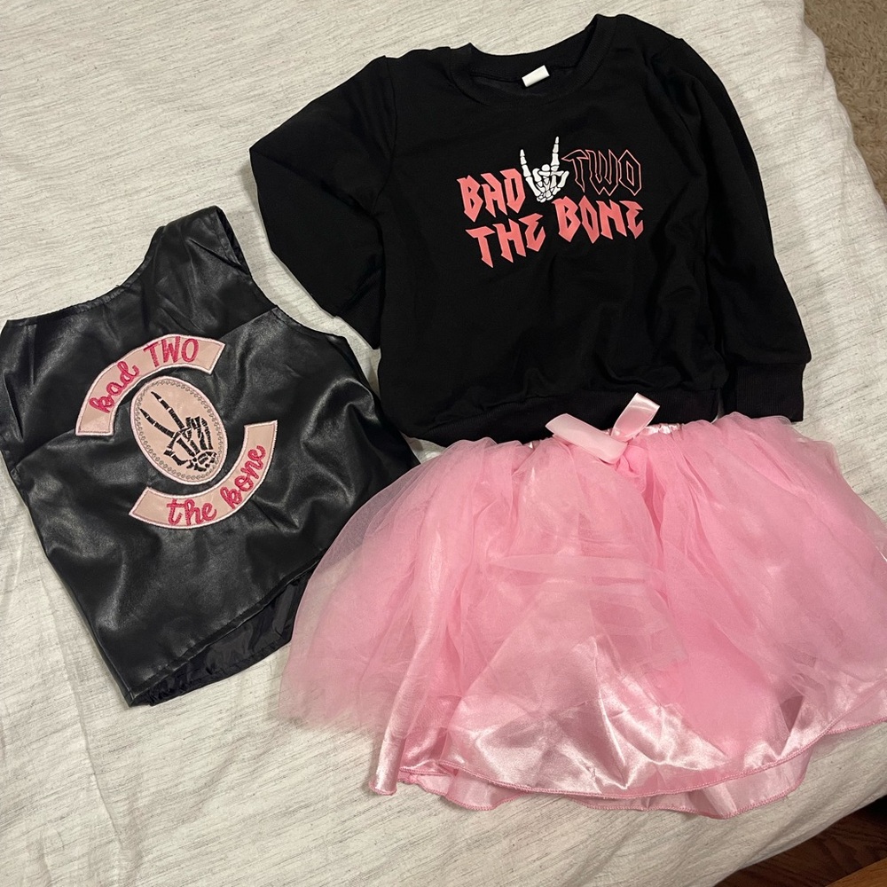 Bad to the Bone Kids Costume Set/2nd Birthday. Black and Pink